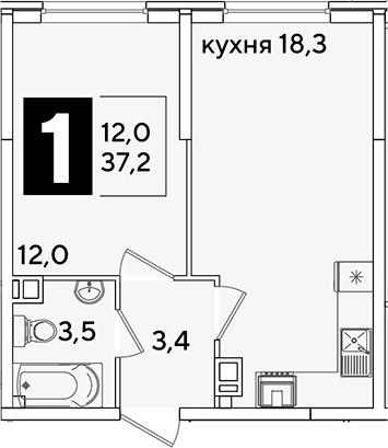 2-комн., 37.2 м², 5/16 этаж, ЖК «Самолет»