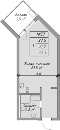 Студия, 31.8 м², 3/4 этаж, ЖК «Оазис Азова»
