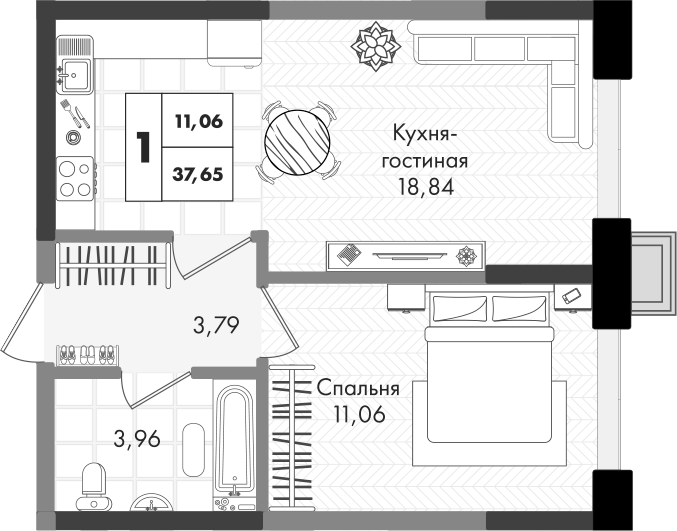 2-комн., 37.65 м², 9/9 этаж, ЖК «Зеленая территория»