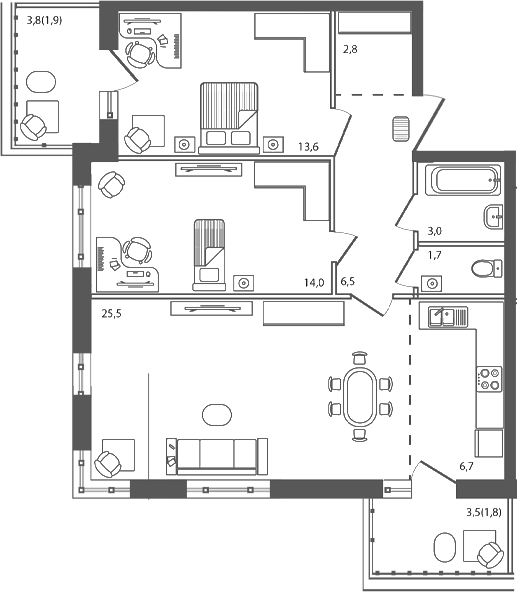 3-комн., 73.8 м², 6/9 этаж, ЖК «Сиреневый бульвар»