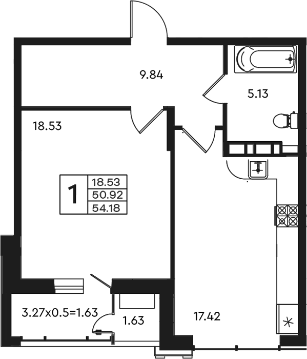 1-комн., 50.92 м², 3/10 этаж, ЖК «Эндемик»