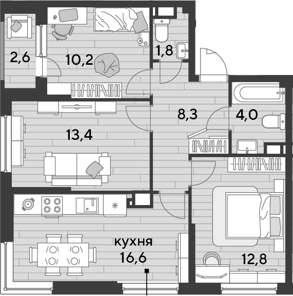 3-комн., 67.1 м², 14/19 этаж, ЖК «DОГМА ПАРК»