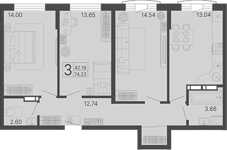 3-комн., 74.23 м², 14/17 этаж, ЖК «Светский лес»