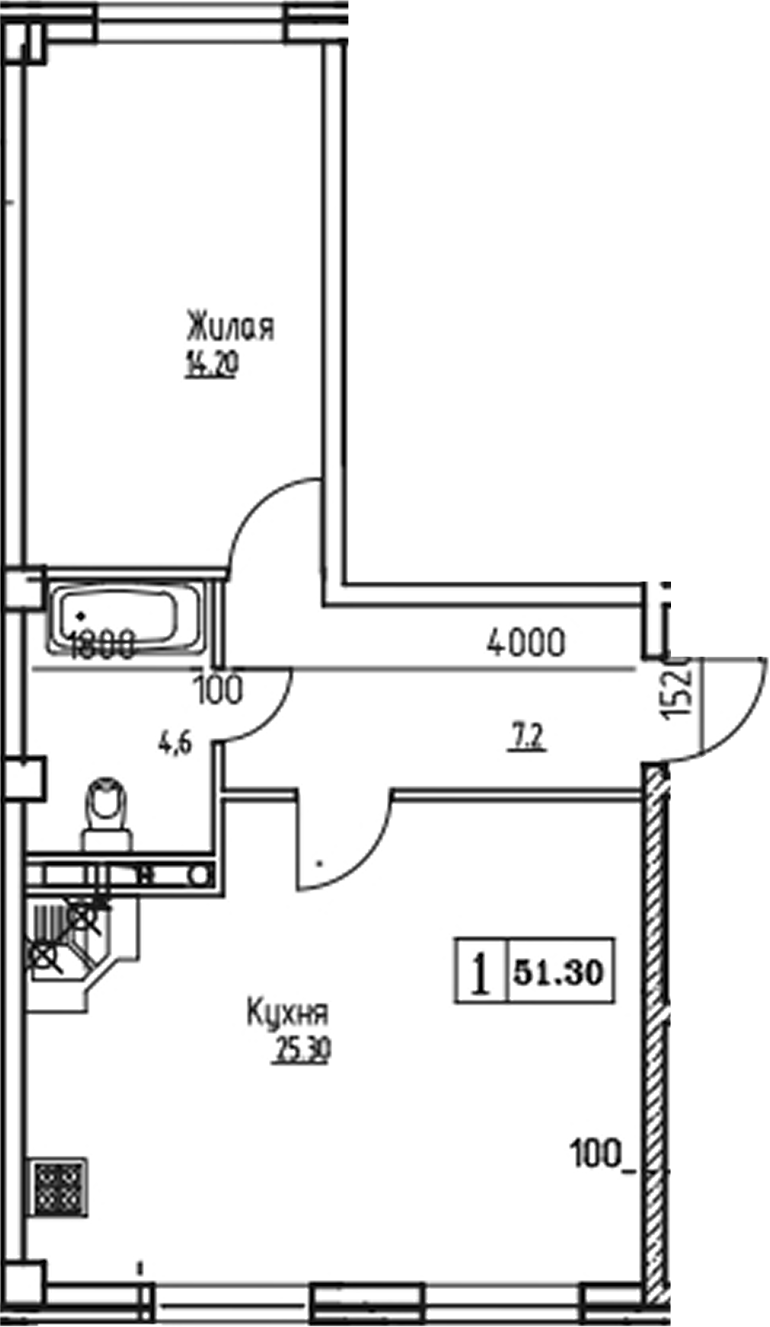 1-комн., 51.26 м², 6/9 этаж, ЖК «Южная звезда»