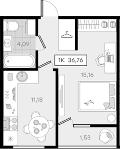 1-комн., 35.23 м², 3/8 этаж, ЖК «История 3»