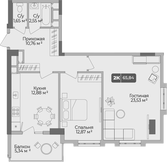 2-комн., 64.24 м², 15/17 этаж, ЖК «Золотой берег. СЗ Среда»