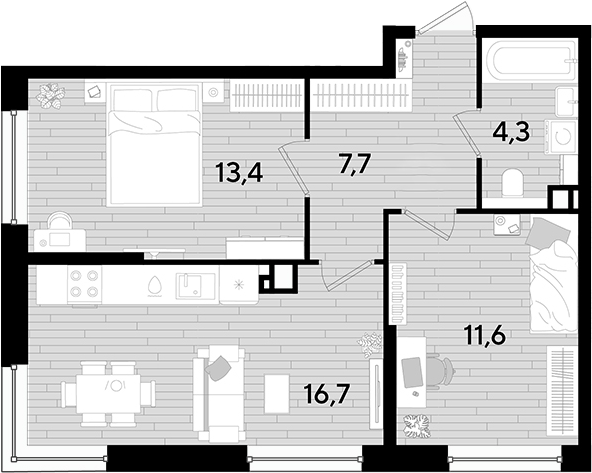 2-комн., 53.7 м², 5/16 этаж, ЖК «DОГМА ПАРК»