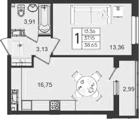 Продается 1-комн. квартира, 37.15 м²