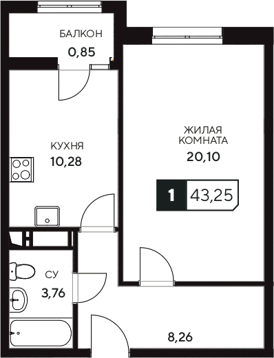 1-комн., 42.4 м², 3/20 этаж, ЖК «Центральный. Гамма»