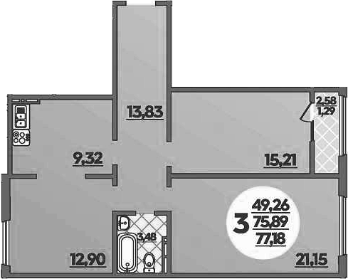 3-комн., 75.89 м², 5/8 этаж, ЖК «Молодежный 2»