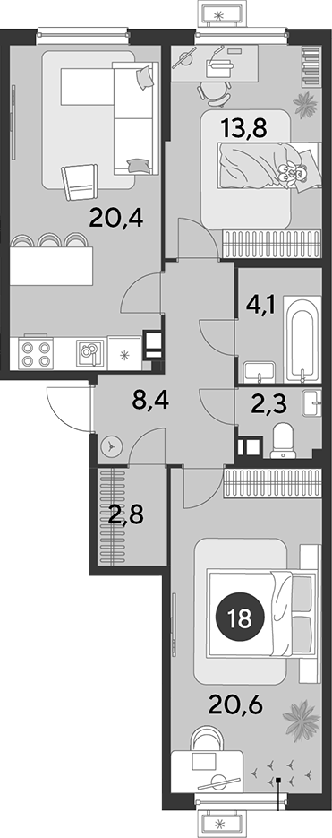3-комн., 72.4 м², 5/16 этаж, ЖК «Парк Победы»