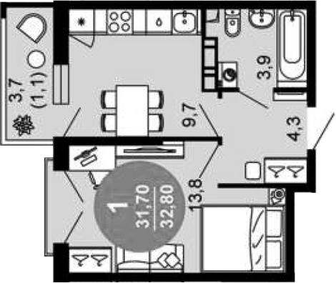 1-комн., 31.7 м², 12/12 этаж, ЖК «Флора»