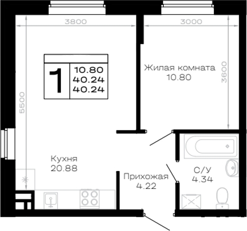 1-комн., 40.24 м², 1/4 этаж, ЖК «Усадьба Гостагаевская»