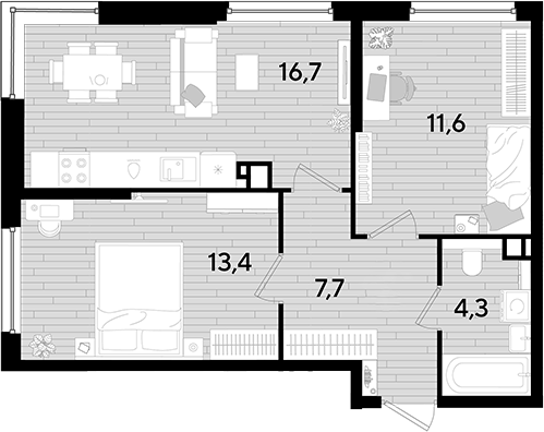 2-комн., 53.7 м², 9/16 этаж, ЖК «DОГМА ПАРК»