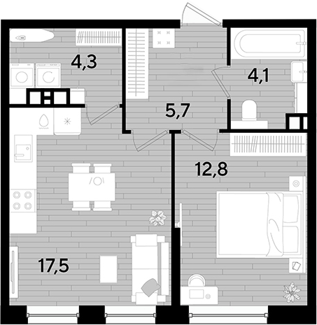 1-комн., 44.4 м², 4/16 этаж, ЖК «DОГМА ПАРК»