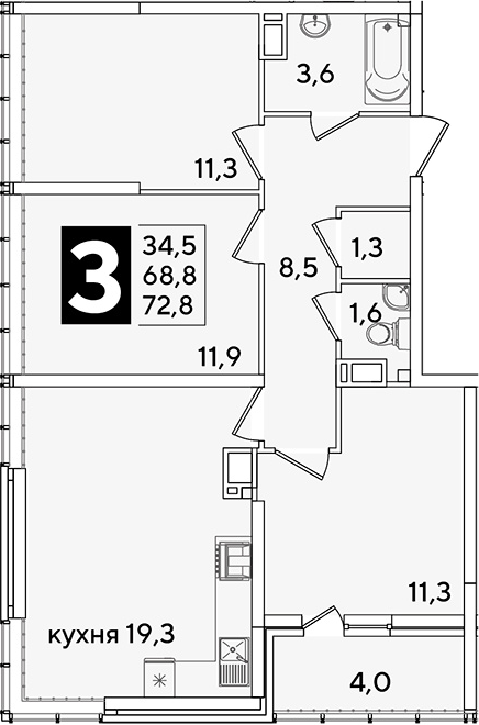 4+ комнаты, 68.8 м², 15/16 этаж, ЖК «Самолет»