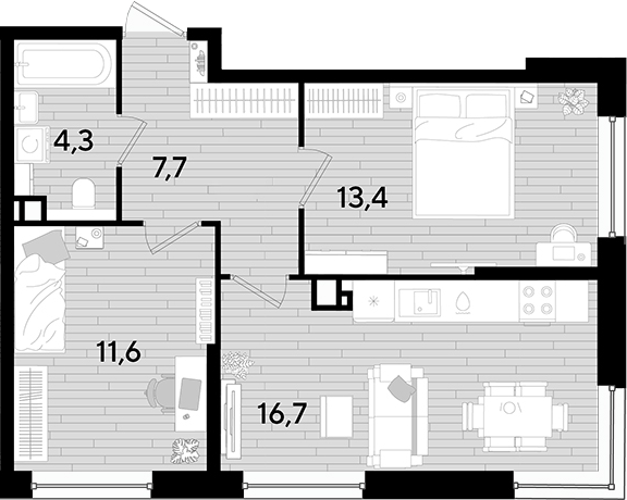 2-комн., 53.7 м², 4/16 этаж, ЖК «DОГМА ПАРК»