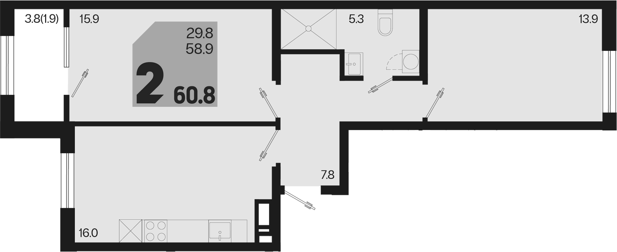 3-комн., 58.9 м², 2/9 этаж, ЖК «Первое место»