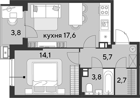 2-комн., 43.9 м², 4/9 этаж, ЖК «Парк Победы»