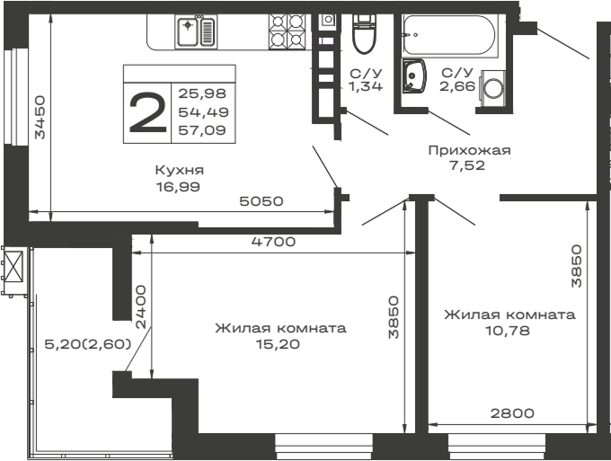 2-комн., 54.49 м², 12/13 этаж, ЖК «Долина»