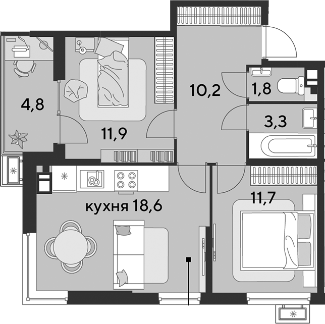 3-комн., 57.5 м², 9/9 этаж, ЖК «Парк Победы»