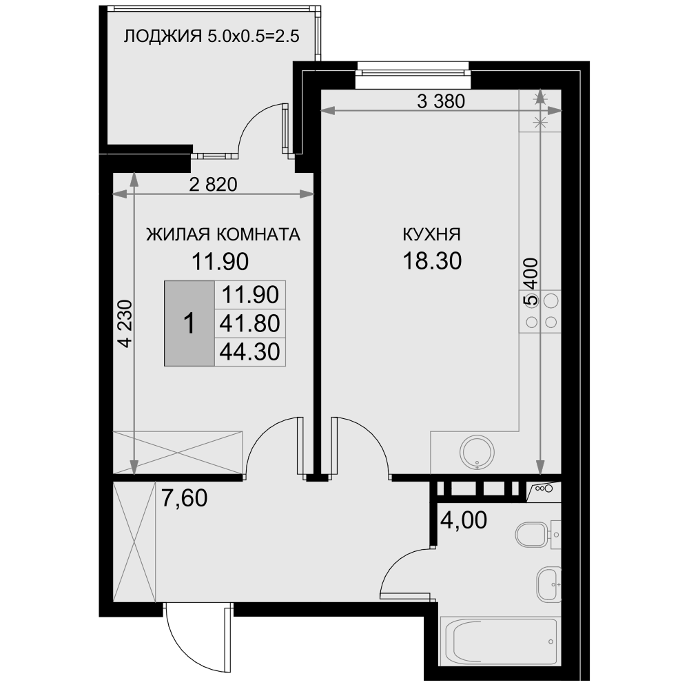 2-комн., 41.8 м², 6/7 этаж, ЖК «История»