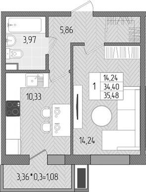 1-комн., 34.4 м², 1/8 этаж, ЖК «Сады у моря»