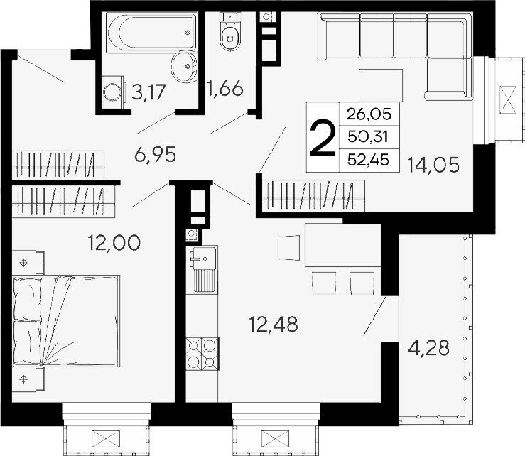 2-комн., 50.31 м², 3/16 этаж, ЖК «Эпос»