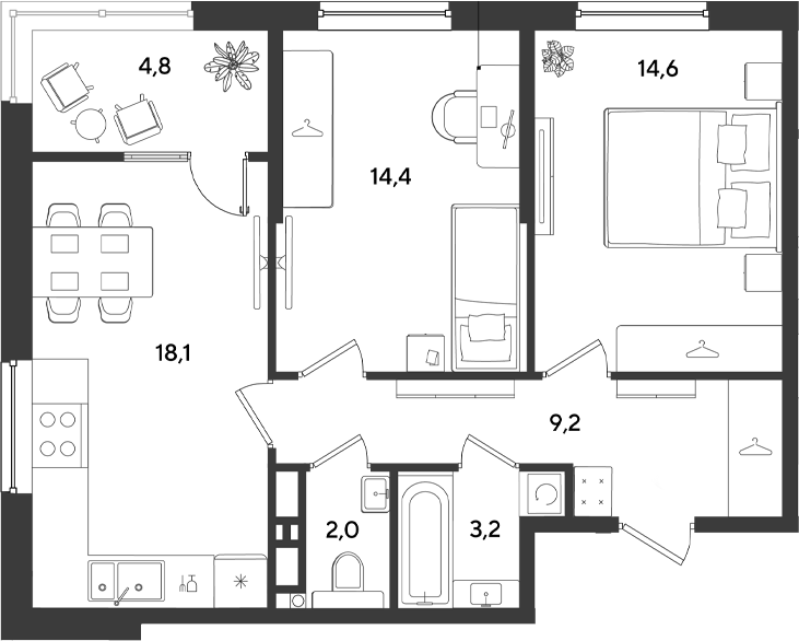 2-комн., 61.5 м², 9/18 этаж, ЖК «Ридз»