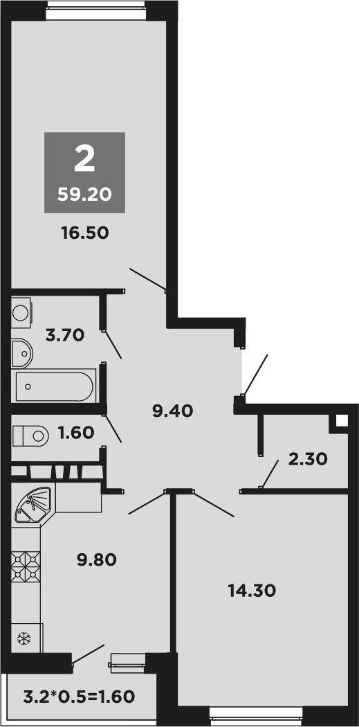 2-комн., 57.6 м², 12/12 этаж, ЖК «НЕО-квартал Красная площадь»