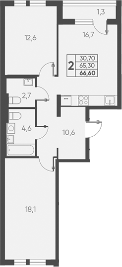 2-комн., 65.3 м², 2/15 этаж, ЖК «Барса»