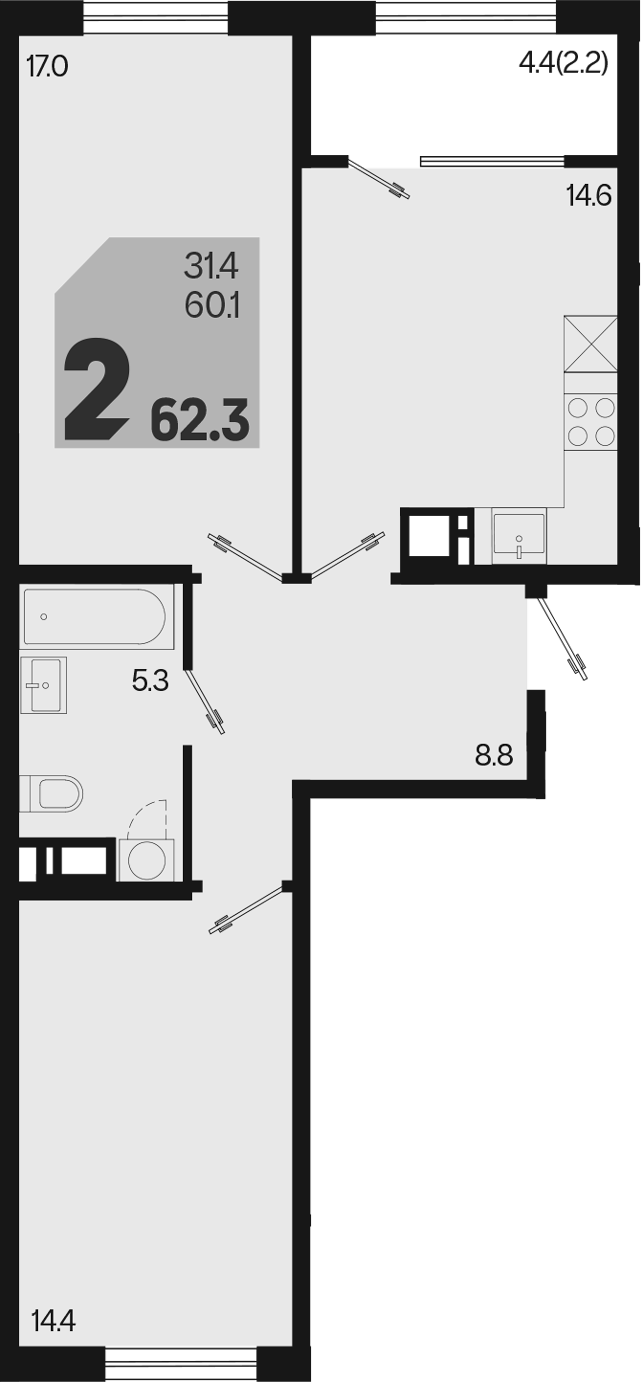 2-комн., 60.1 м², 8/9 этаж, ЖК «Первое место»