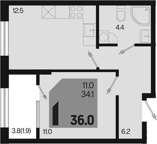 1-комн., 34.1 м², 2/18 этаж, ЖК «Первое место»