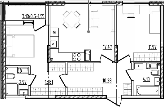 2-комн., 60.61 м², 3/9 этаж, ЖК «Моренуар»