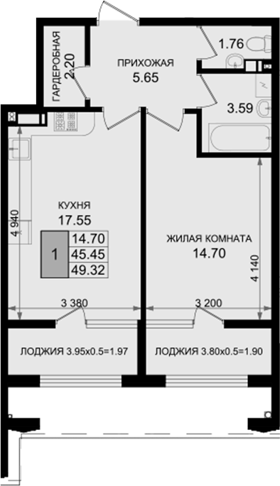 1-комн., 45.45 м², 8/8 этаж, ЖК «Резиденция морей»