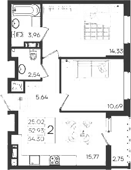 Продается 2-комн. квартира, 52.92 м²