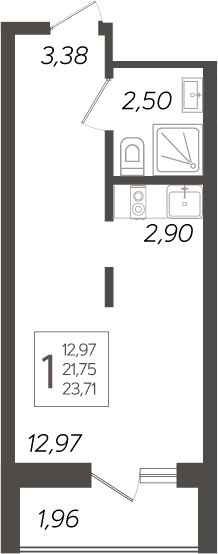 Студия, 21.75 м², 15/19 этаж, ЖК «Кислород»
