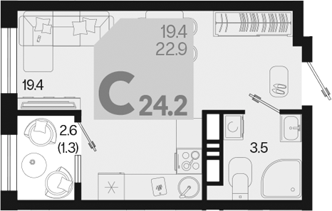 Студия, 22.9 м², 8/18 этаж, ЖК «Первое место»