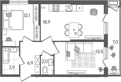 3-комн., 57.3 м², 2/24 этаж, ЖК «Рекорд»
