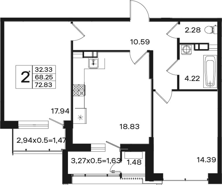 Продается 2-комн. квартира, 68.25 м²