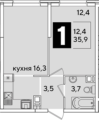2-комн., 35.9 м², 4/16 этаж, ЖК «Самолет»