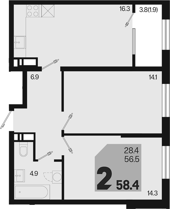 2-комн., 56.5 м², 7/18 этаж, ЖК «Первое место»