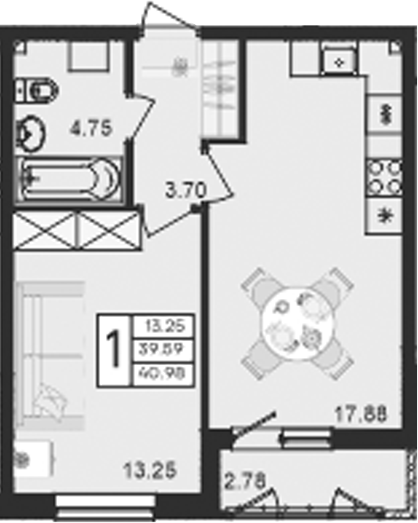 Продается 1-комн. квартира, 39.59 м²