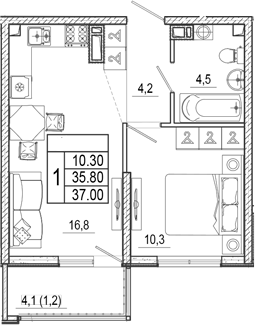 2-комн., 35.8 м², 15/17 этаж, ЖК «Лестория»