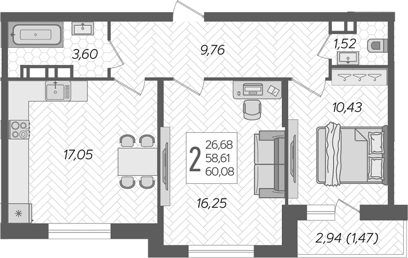 2-комн., 58.61 м², 12/19 этаж, ЖК «Смородина»