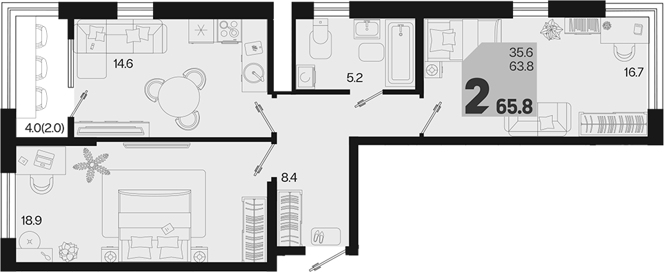 2-комн., 63.8 м², 12/18 этаж, ЖК «Первое место»