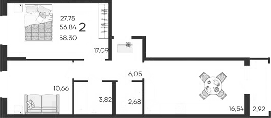 2-комн., 56.84 м², 2/18 этаж, ЖК «Дом 101»