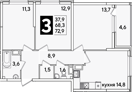 3-комн., 68.3 м², 11/16 этаж, ЖК «Самолет»