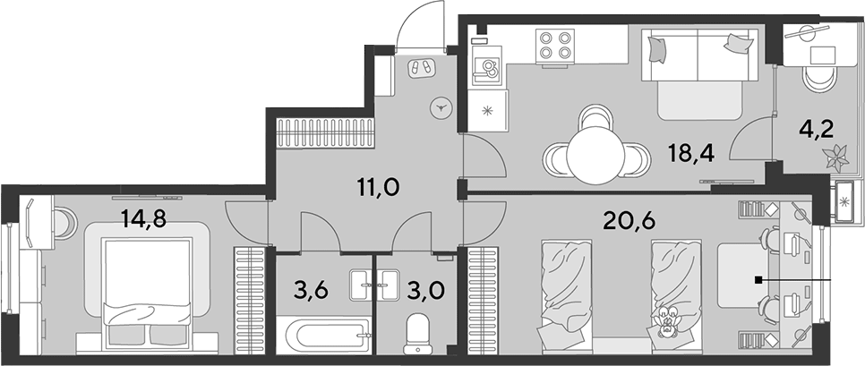 3-комн., 71.4 м², 2/18 этаж, ЖК «Парк Победы»