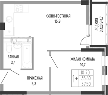 2-комн., 35.8 м², 2/3 этаж, ЖК «Екатерининский парк»